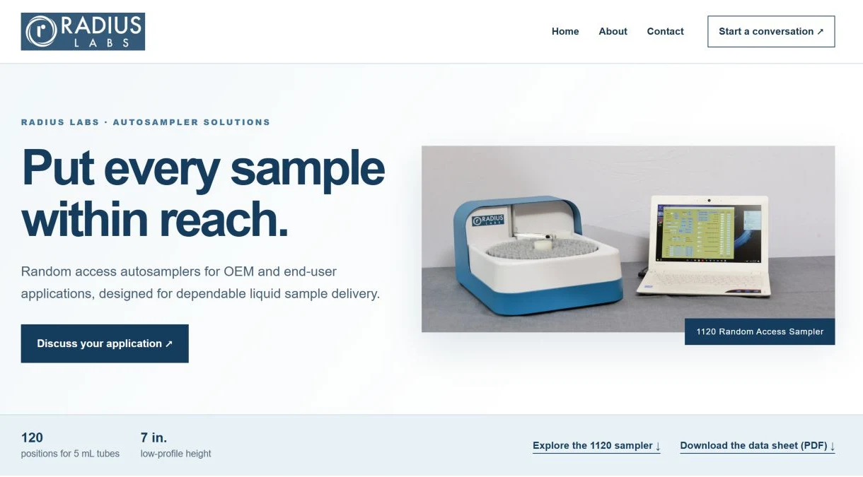 Radius Labs homepage showing the autosampler, application description, discussion button and data sheet link