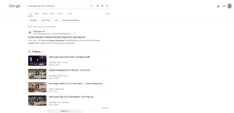 Screenshot of Google search results for 'sheboygan hip hop cookout hit.' The top result is an article from Sheboygan Life about Curdy and the Cheese Heads' new hip-hop hit. Below the article, there are various video links related to Sheboygan hip-hop and dance teams.